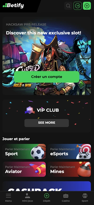 Interface mobile Betify