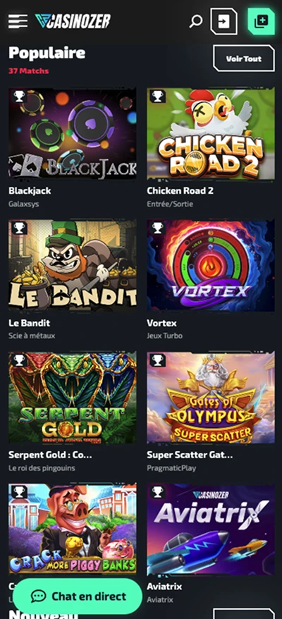 Interface mobile Casinozer