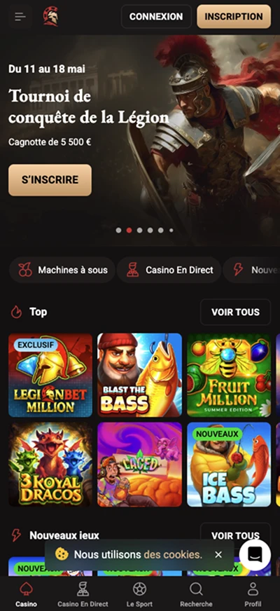 Interface mobile LegionBet